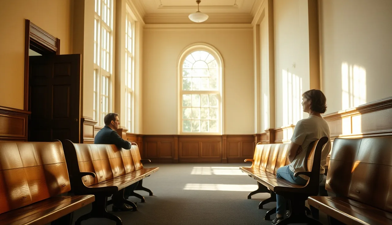 Two people sitting apart in a sunlit courthouse hallway during a common law marriage divorce