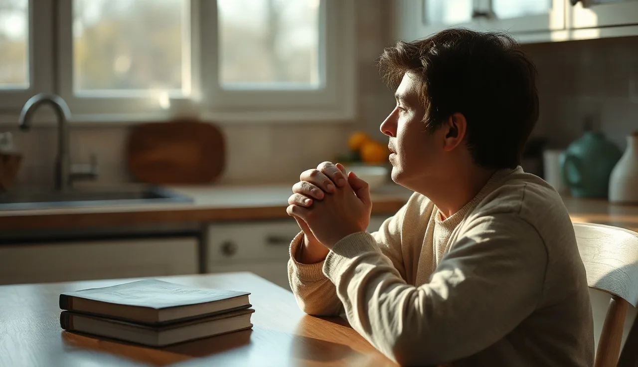 Person sitting at kitchen table looking uncertain, considering canceling divorce