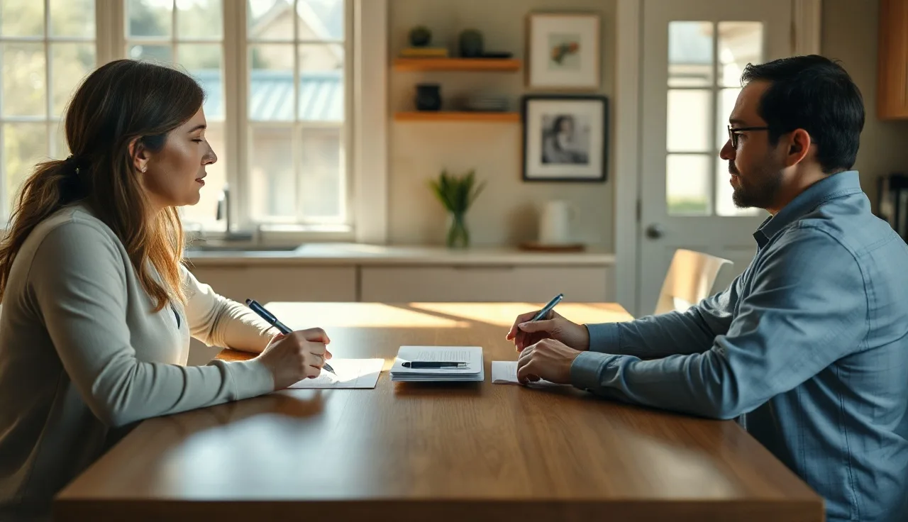 Two people review separation agreement paperwork at a sunlit kitchen table