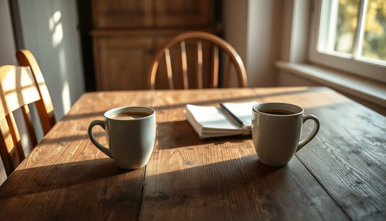 Two separate coffee cups on a wooden kitchen table symbolizing alimony and divorce separation