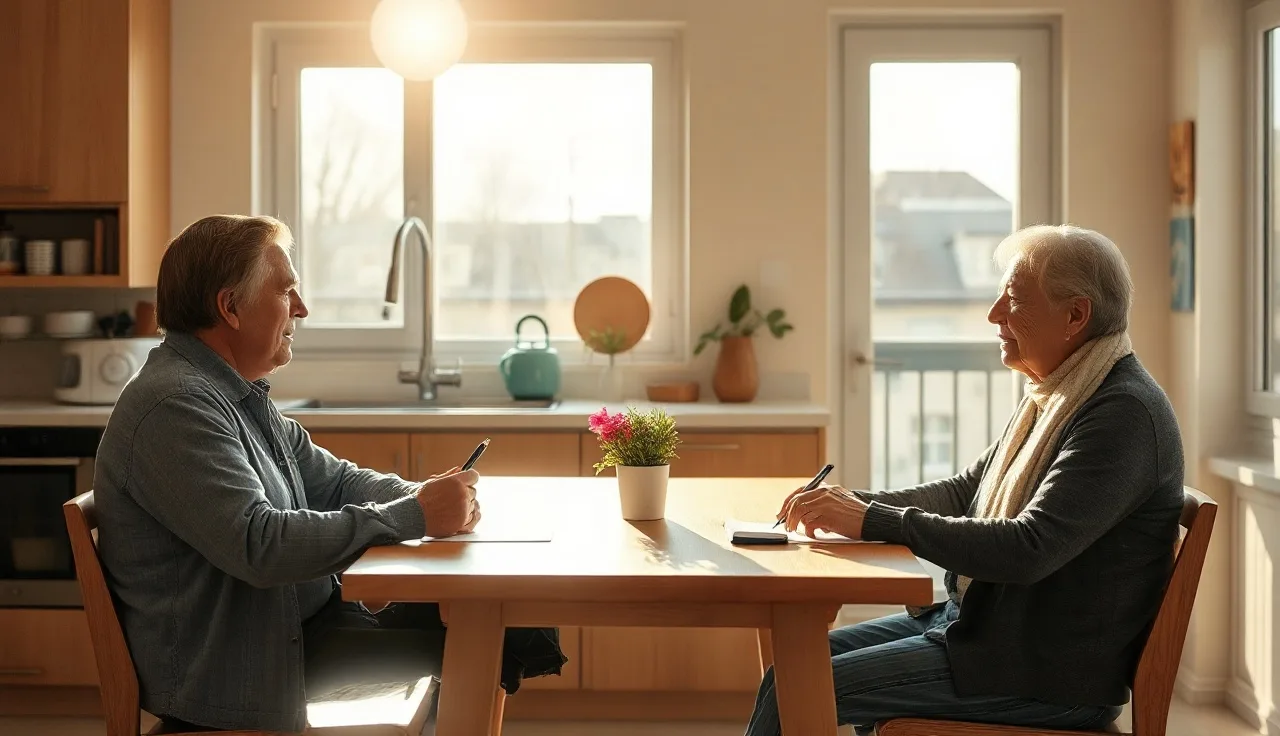 Two adults at a kitchen table reviewing an uncontested divorce agreement in morning light