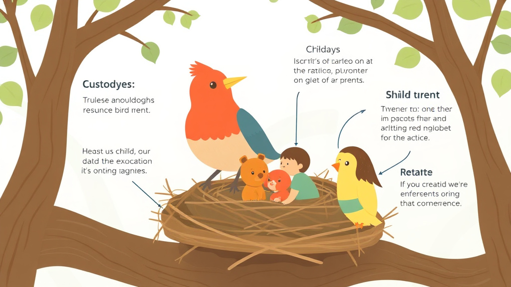 Visual guide for practical steps in bird nesting custody: children stay, parents rotate
