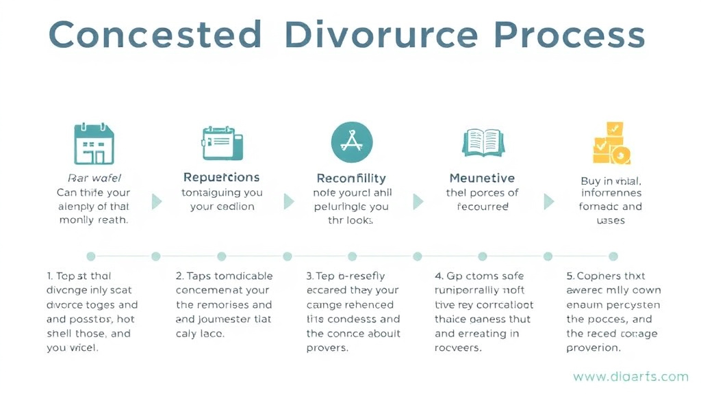 Visual guide for practical steps in contested divorce process: steps from filing to trial