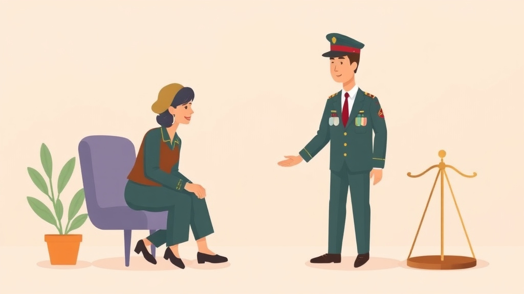 Illustration showing key concepts related to military pension and divorce: division rules
