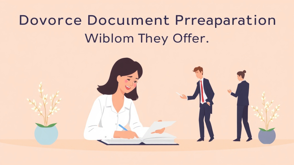 Illustration showing key concepts related to divorce document preparation services: what they offer