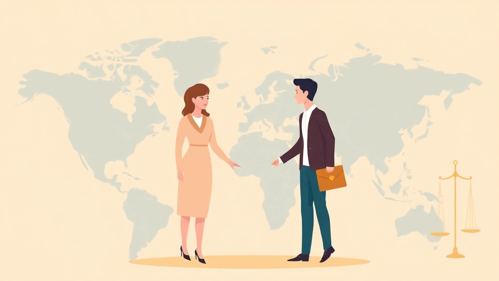 Illustration showing key concepts related to international divorce: filing when spouses live in different countries