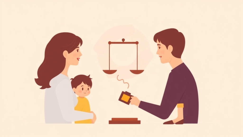 Illustration showing key concepts related to post-divorce modifications: changing custody, support, and alimony