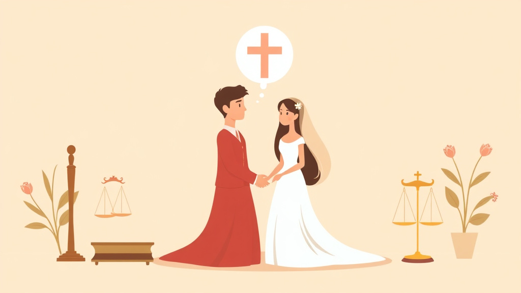 Illustration showing key concepts related to religious divorce: annulments and religious procedures