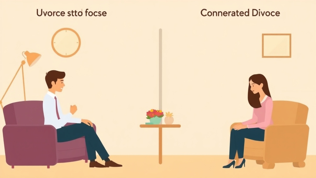 Illustration showing key concepts related to uncontested vs contested divorce: key differences