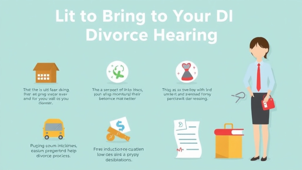 Visual guide for practical steps in what to bring to your divorce hearing: complete list