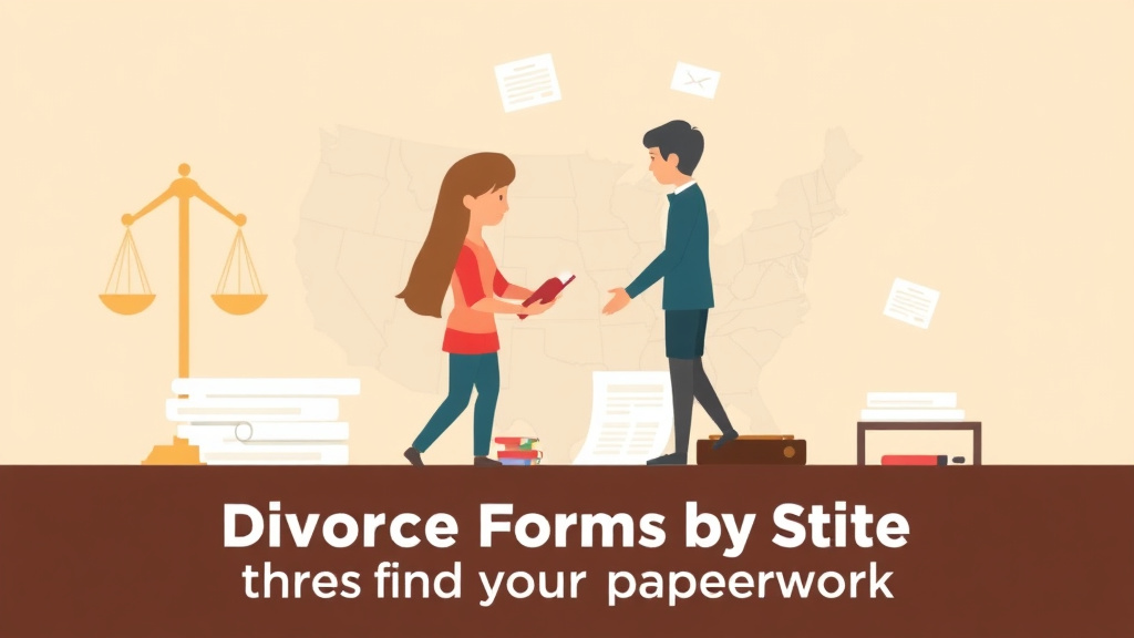 Illustration showing key concepts related to divorce forms by state: where to find your paperwork