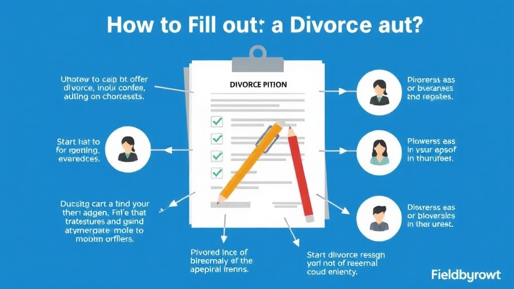 Visual guide for practical steps in how to fill out a divorce petition: field-by-field instructions