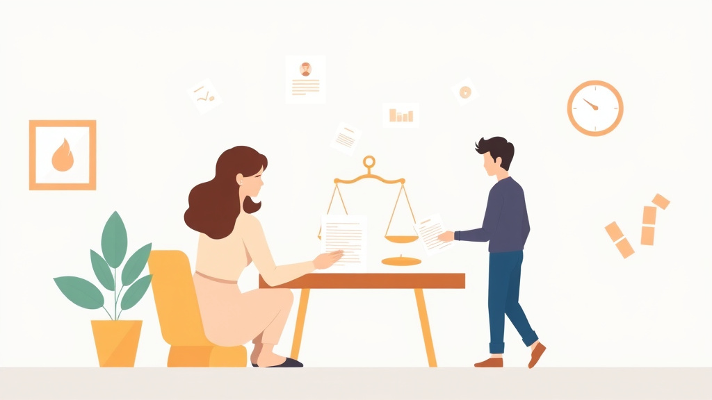 Illustration showing key concepts related to e-filing divorce papers: states that allow online filing