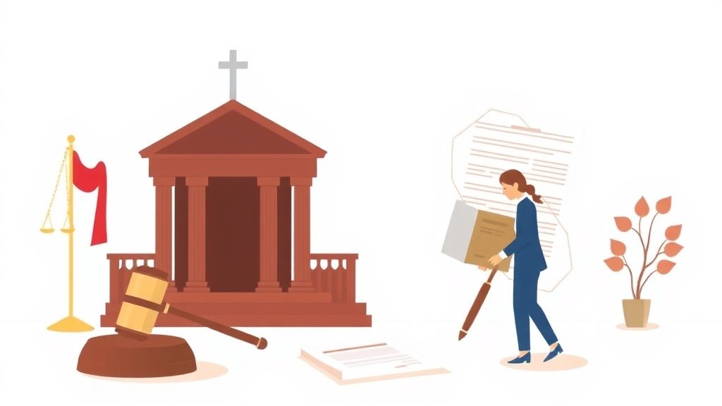 Illustration showing key concepts related to filing divorce papers with the court: process and tips