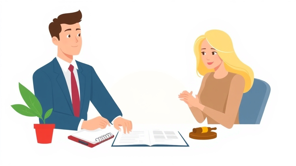 Illustration showing key concepts related to getting divorce documents notarized: requirements and options