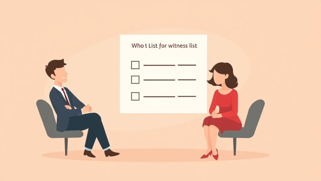 Illustration showing key concepts related to witness list for divorce: identifying who will testify