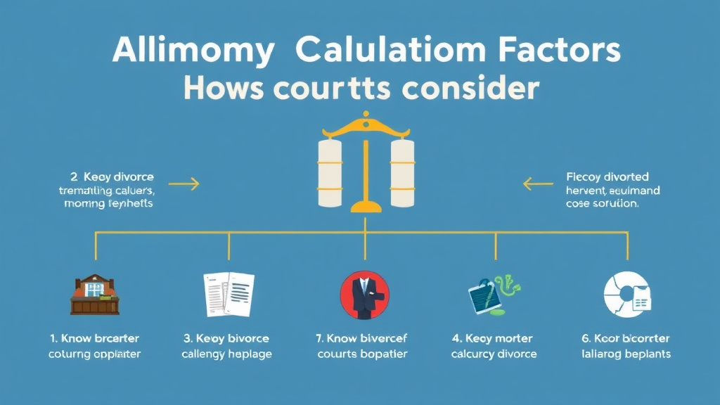 Illustration showing key concepts related to alimony calculation: factors courts consider