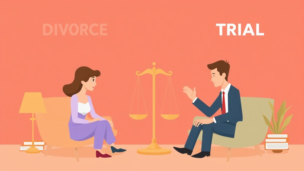 Illustration showing key concepts related to divorce settlement vs. trial: cost comparison and strategy