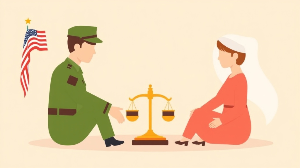 Illustration showing key concepts related to military pension division in divorce: the 10/10 rule explained