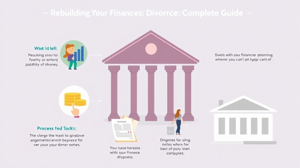 Illustration showing key concepts related to rebuilding your finances after divorce: complete guide