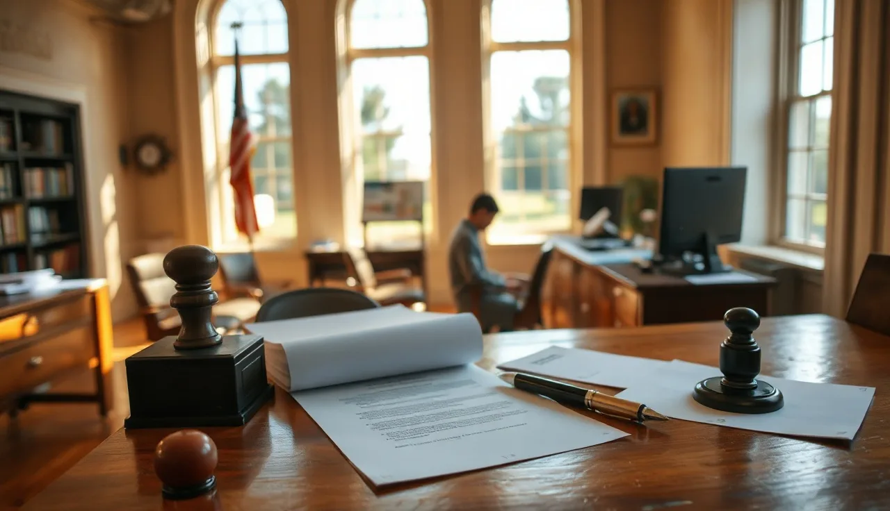 Blank divorce forms and a notary stamp on a sunlit courthouse clerk's desk