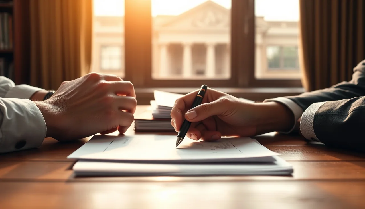Person holding pen over Alabama divorce papers at a courthouse table
