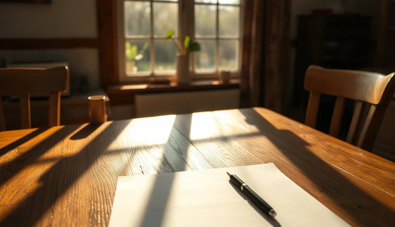 Empty kitchen table with a pen resting on blank divorce paperwork in afternoon light