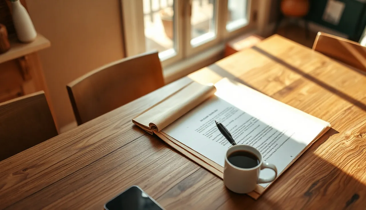 Blank divorce paperwork in an open folder on a kitchen table with pen and coffee