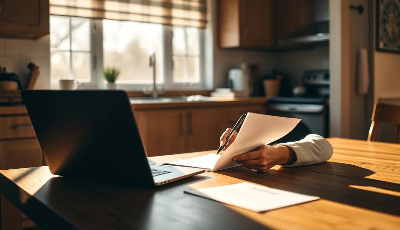 Person completing divorce paperwork at a kitchen table with laptop nearby