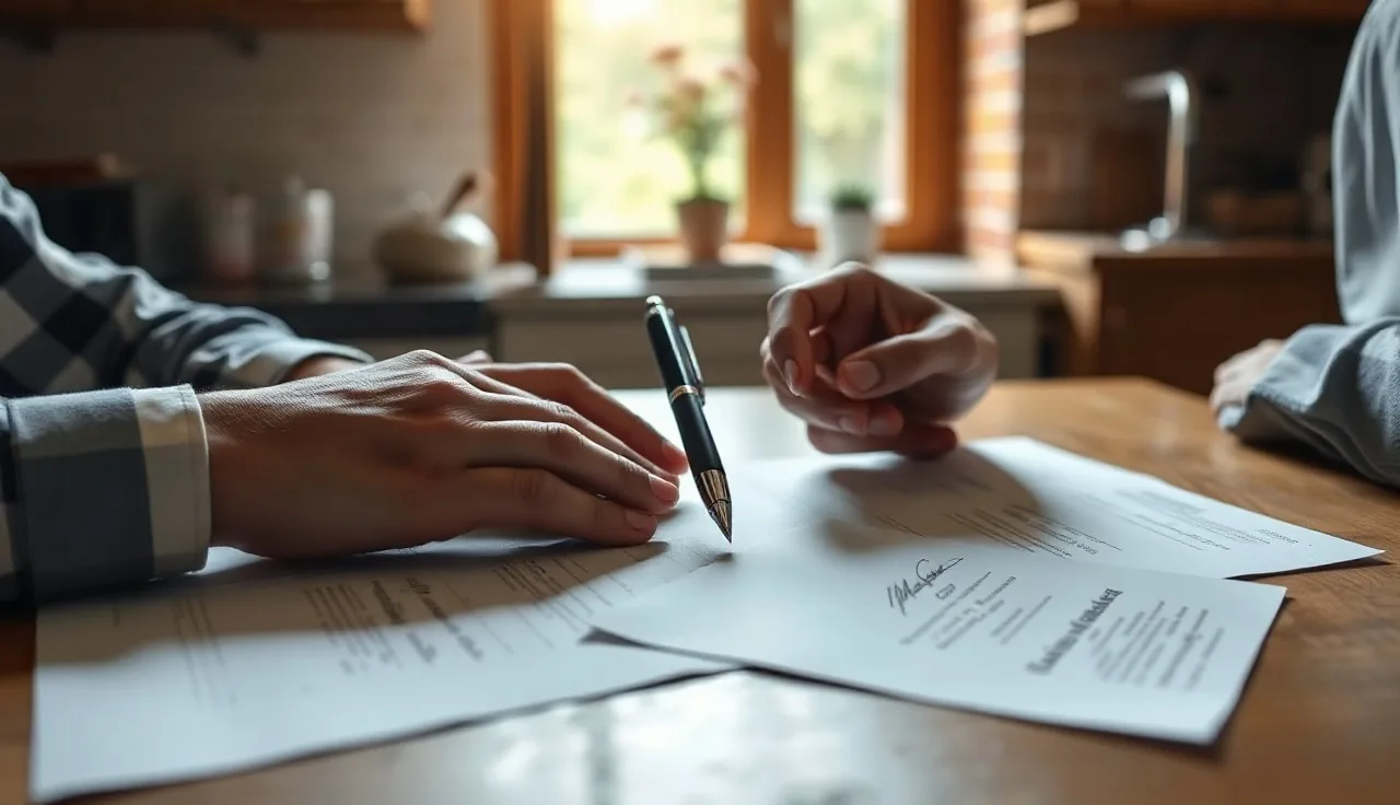 Two people at a table preparing to sign Colorado divorce papers