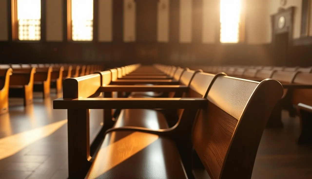 Empty courtroom benches inside a quiet Cobb County courthouse in morning light