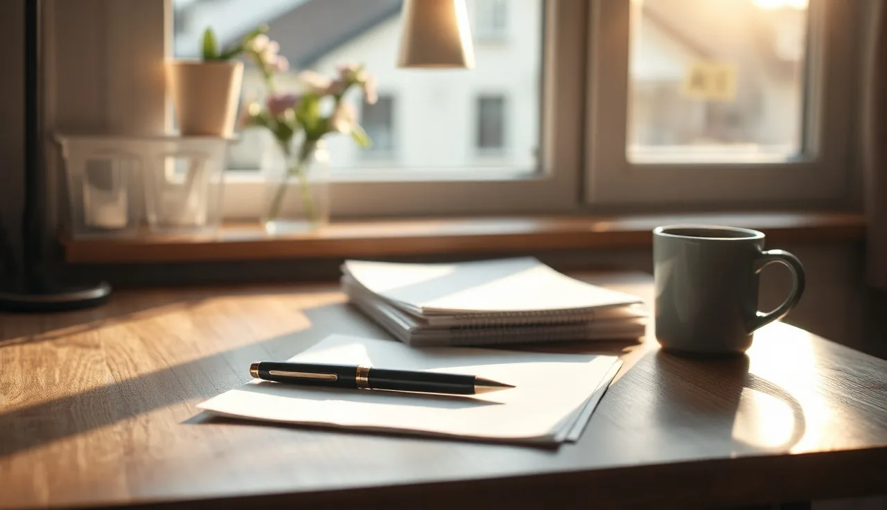 Sunlit desk with neatly organized paperwork and a pen, suggesting Connecticut divorce form preparation