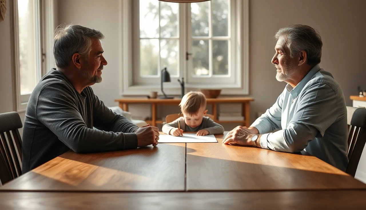 Two parents sitting at a kitchen table discussing a child custody arrangement