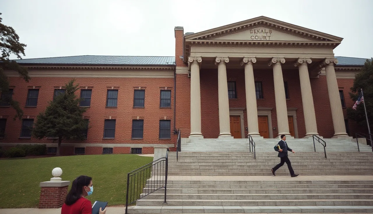 Person carrying documents up the steps of DeKalb County Superior Court in Decatur Georgia