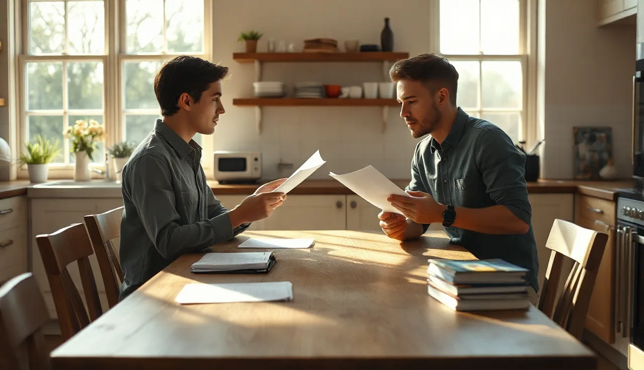 Two people reviewing divorce agreement papers at a kitchen table in afternoon light