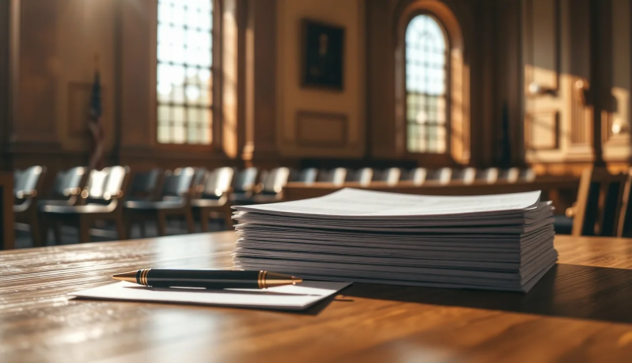 Pen resting on blank legal papers at a courthouse table for divorce filing