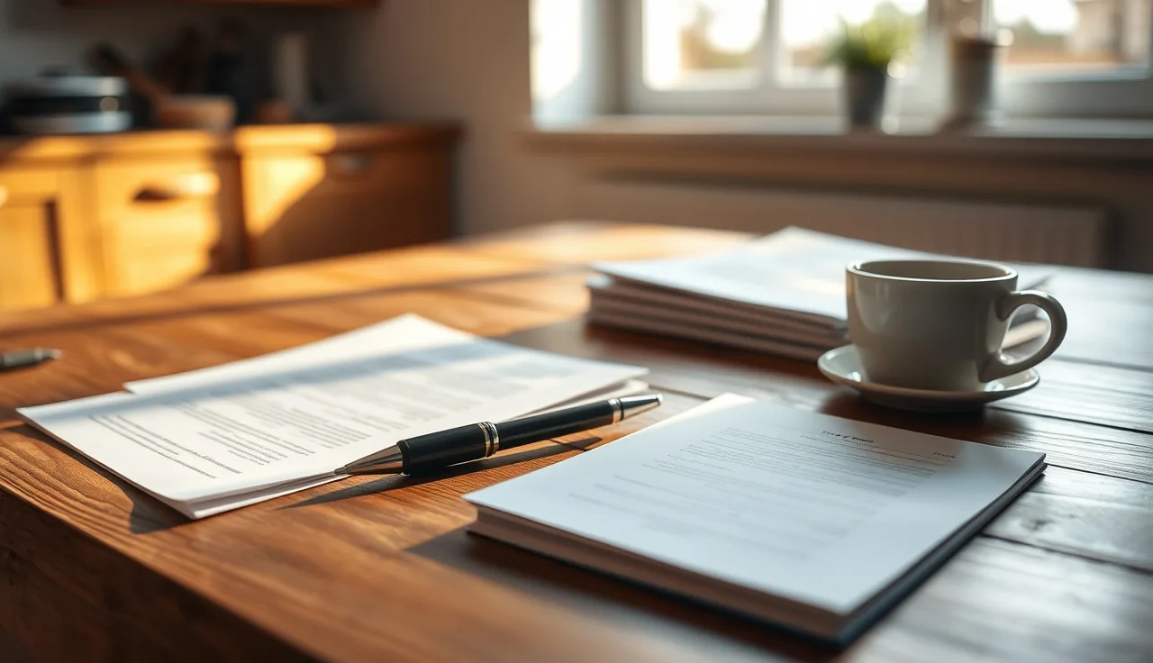 Pen and stack of papers on a kitchen table, morning light, divorce forms