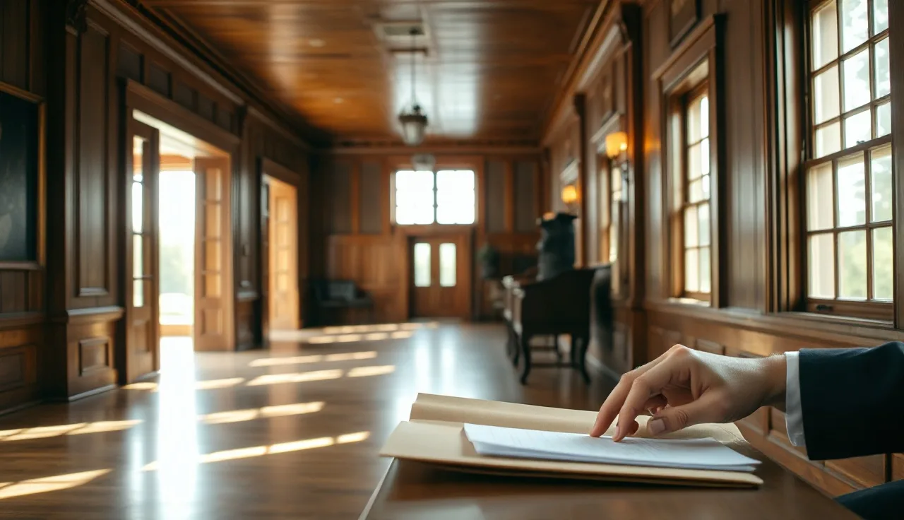 Person's hands resting near a folder of divorce papers on a courthouse bench