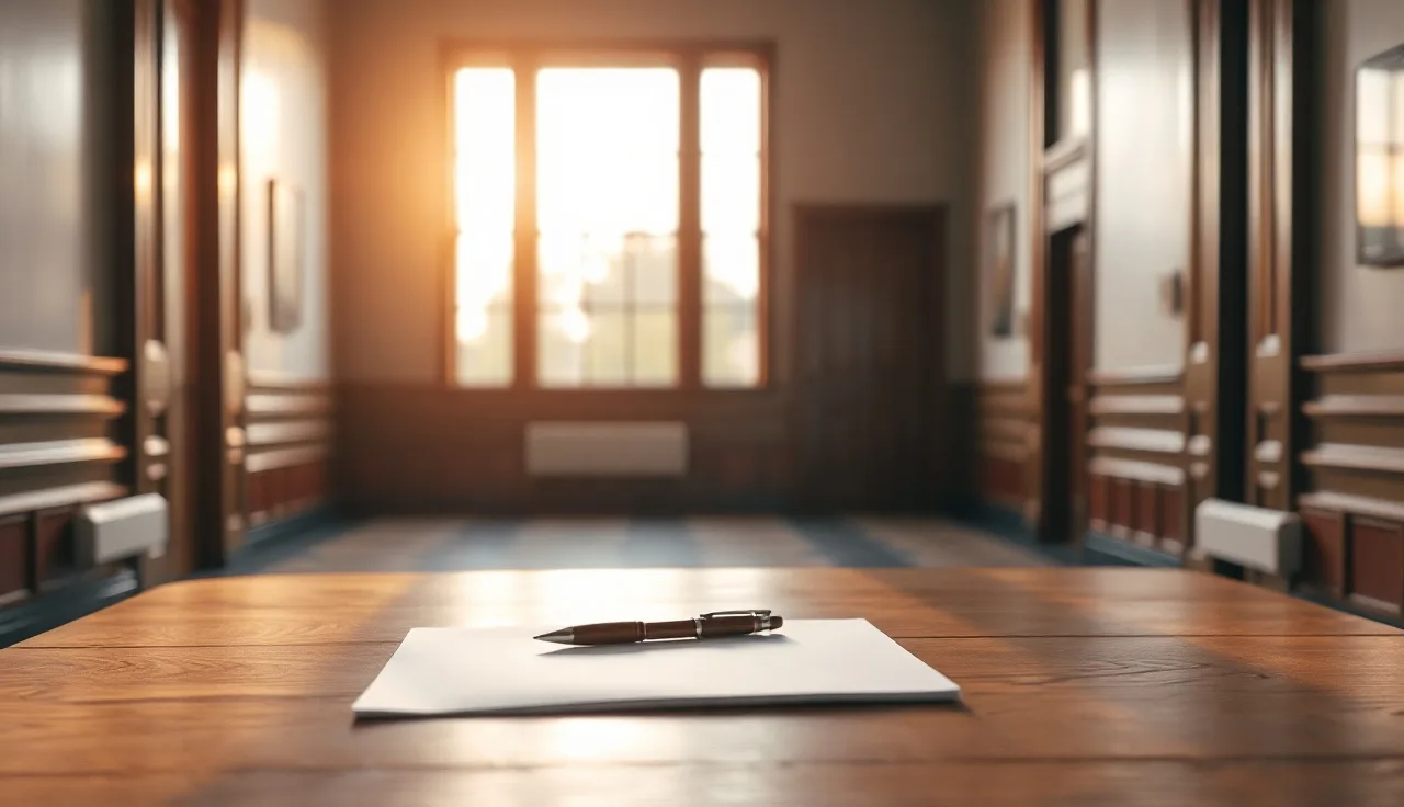 Empty courthouse hallway table with folder and pen, Kentucky divorce forms setting