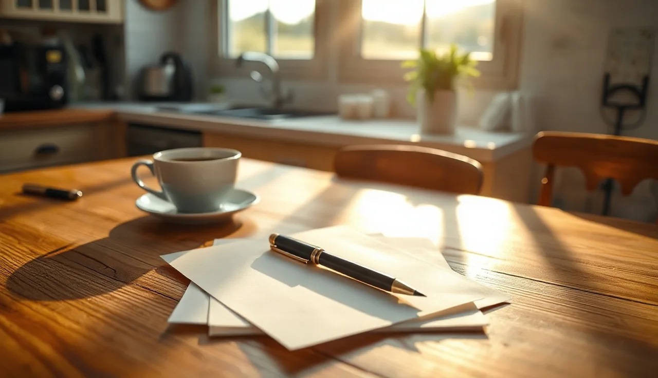 Blank papers and pen on a wooden table, ready for divorce filing