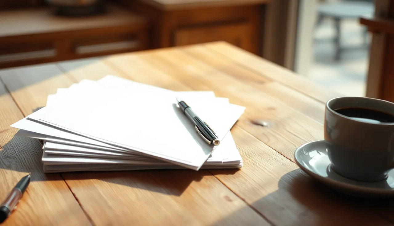Blank divorce forms on a wooden table with a pen and coffee cup