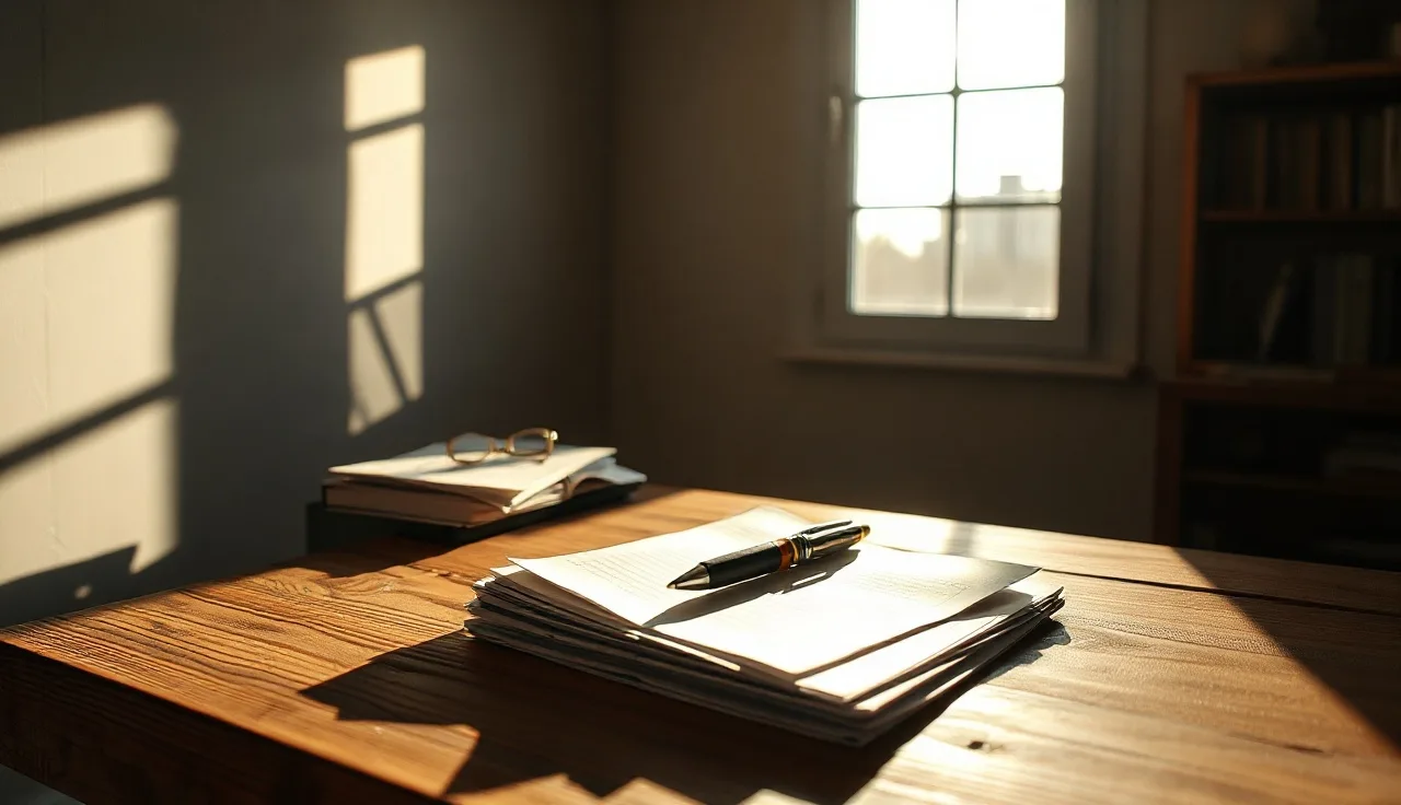 Sunlit desk with loose papers and a pen, representing divorce paperwork in New York
