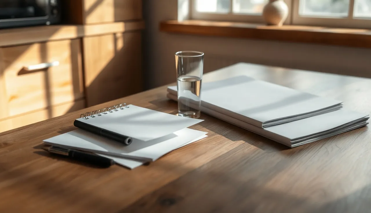 Blank papers and a pen on a kitchen table representing divorce paperwork