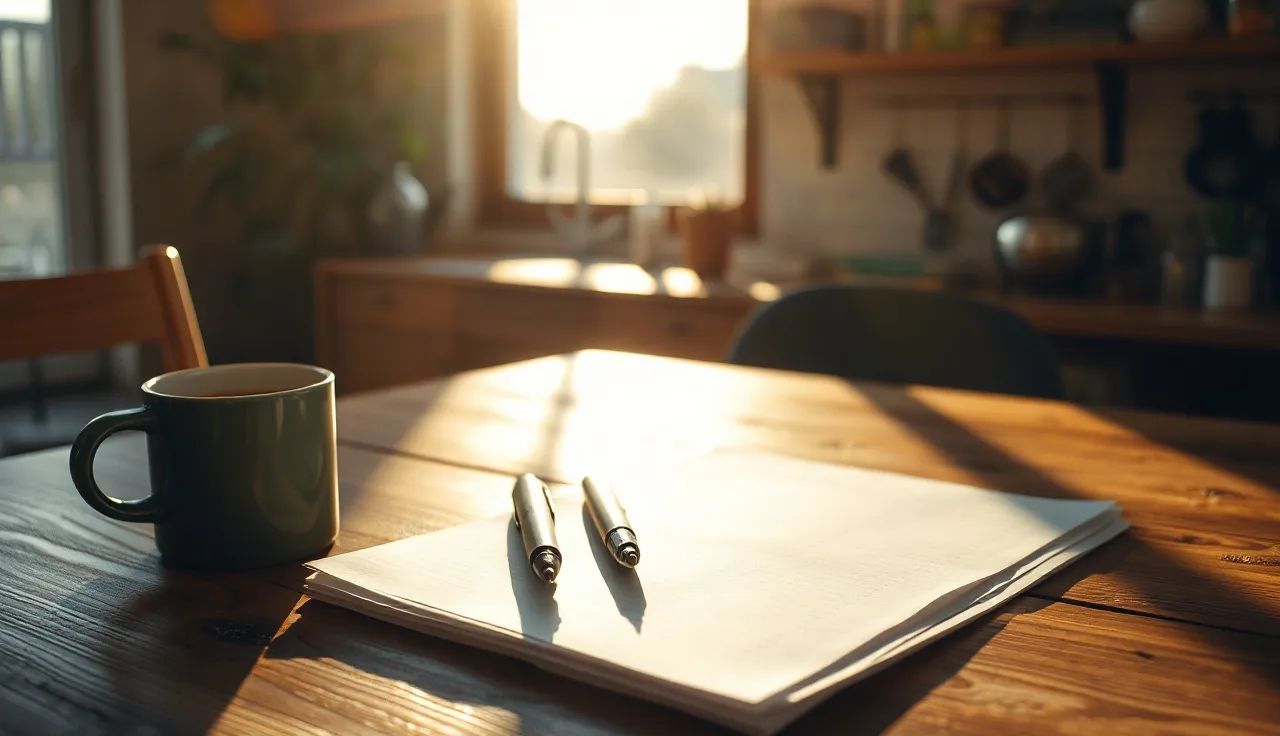 Two pens and blank legal papers on a wooden kitchen table in morning light