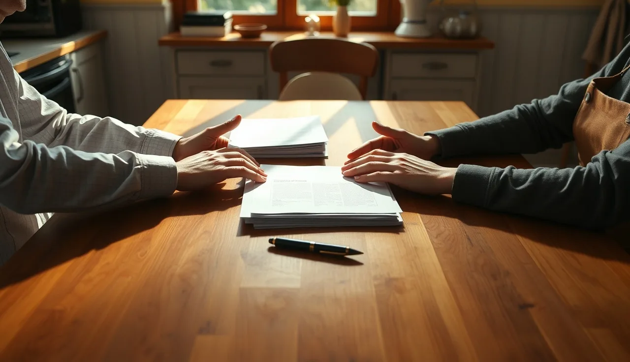 Two people sitting at a kitchen table with divorce forms between them