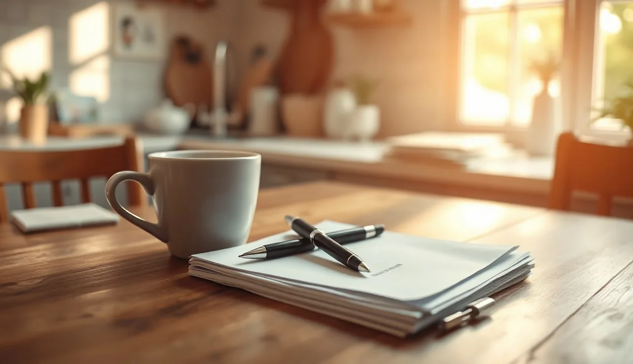 Two pens on a stack of papers beside a coffee cup at a sunlit kitchen table