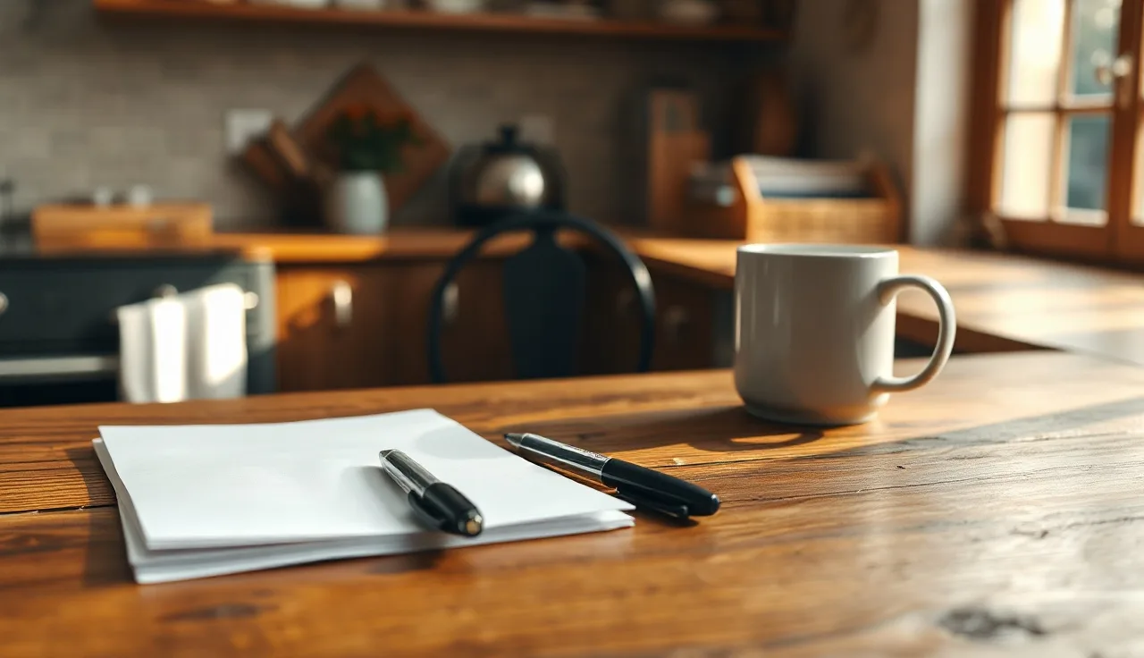 Blank paperwork on a kitchen table with two pens, representing DIY divorce forms