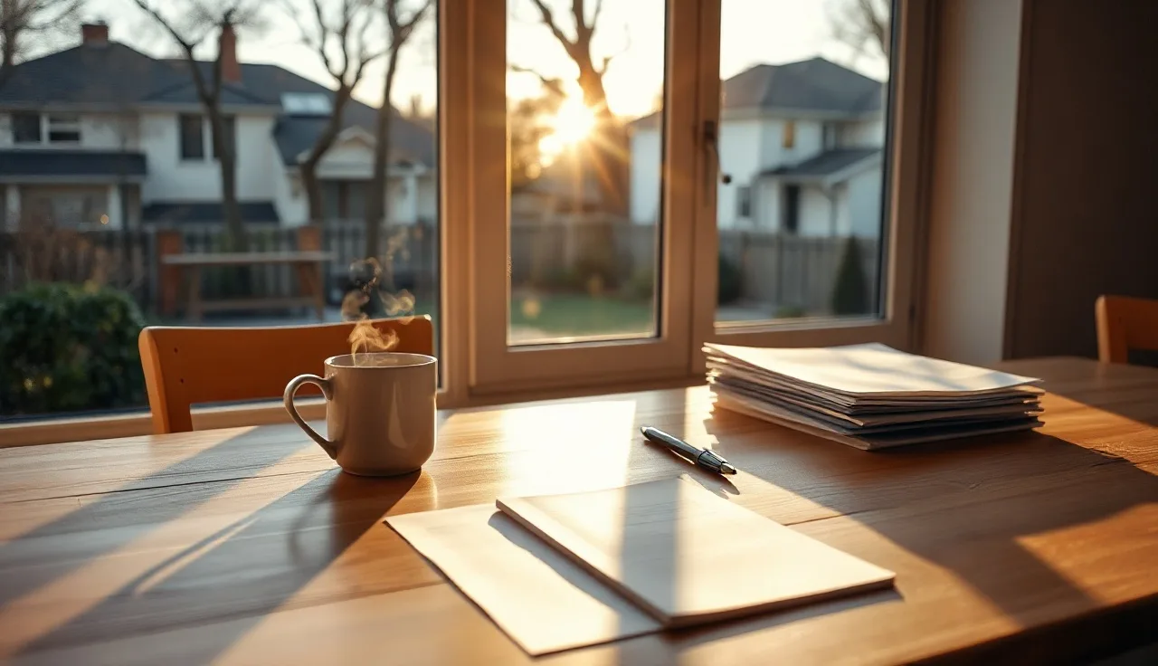 Morning kitchen table with coffee and paperwork for a self-filed divorce