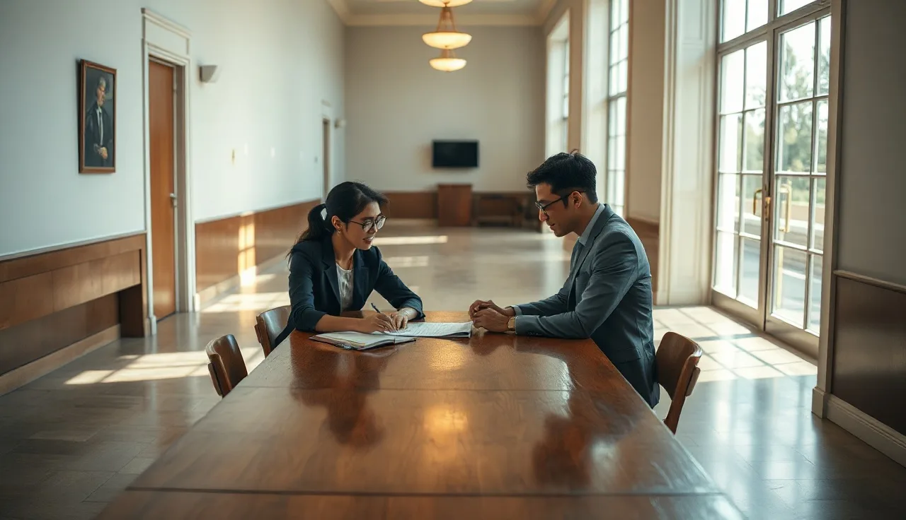 Two people exchanging a legal document across a table before notarization