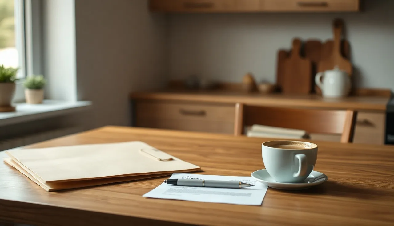 Wooden table with a manila folder and pen, morning light, no text visible